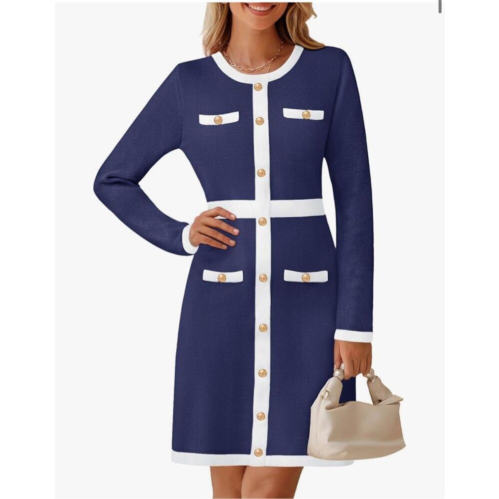 NEW Long Sleeve Sweater Dress Career Color Block Button Knit Midi Dress L
